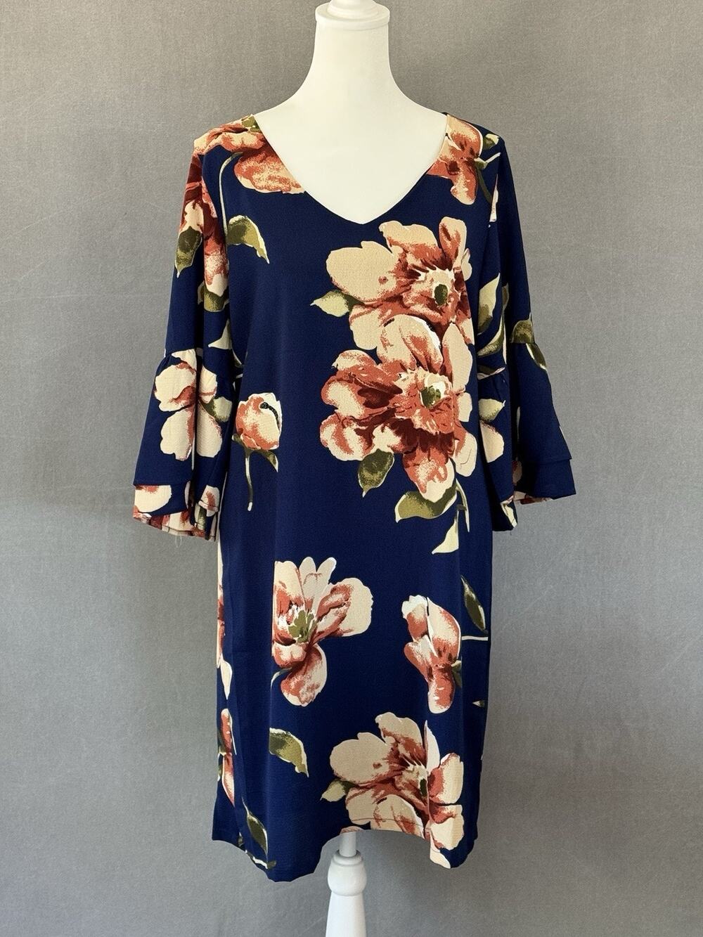 BelongSci NWT Blue Floral Shift Dress Large Bell Sleeve V Neck Midi Knee Length